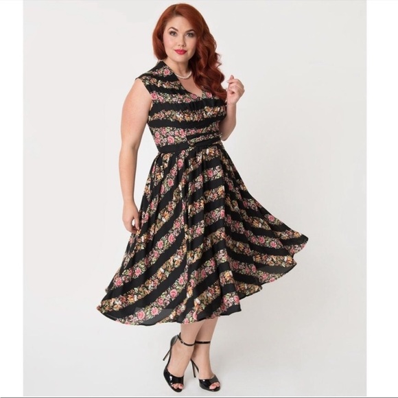 Striped Floral Unique Vintage 50s Swing Dress - Picture 3 of 8
